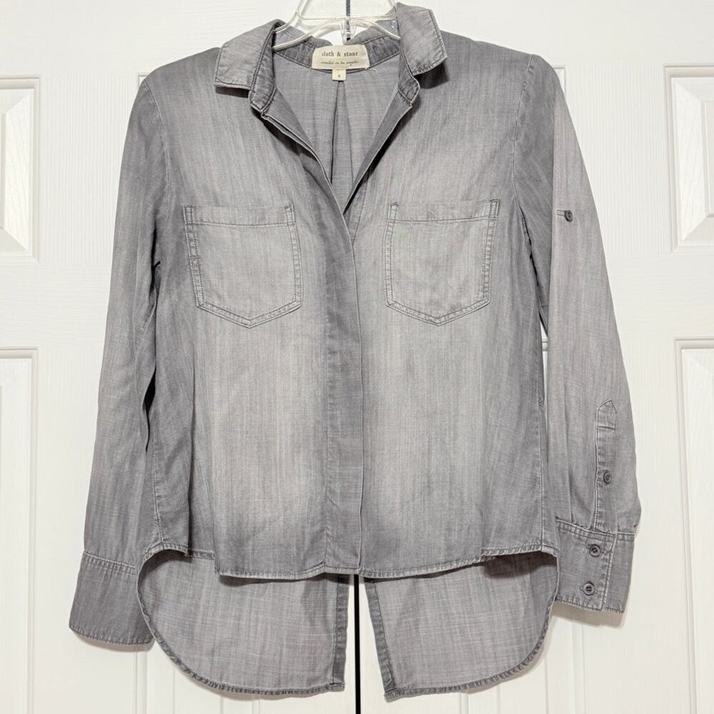 Cloth & Stone Gray Washed Button Up Blouse with Roll-Up Sleeves, Size S